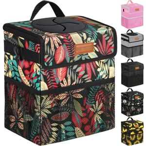 Car Trash Can Bin for Back Seat Leak Proof, Cute Car Trash Bag Hanging, Vehicle Trash Can for SUV Truck Van, Automotive Garbage Cans Front Seat Red Leaves, 2 Gallons