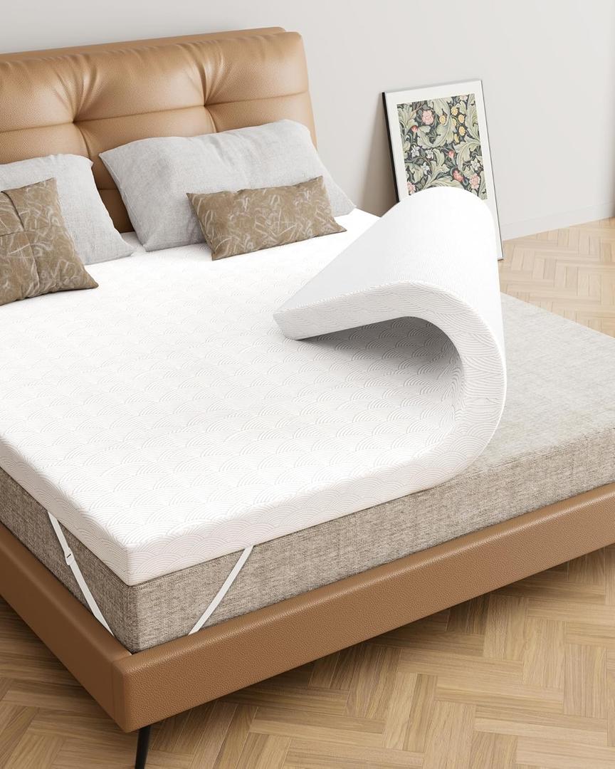 Zenzy 4" Full Extra Long Firm Memory Foam Mattress Topper, [Removable] [Washable] Cover and [Adjustable] Straps, CertiPUR-US Certified Firm Mattress Topper Full XL for Pain Relief- Beige