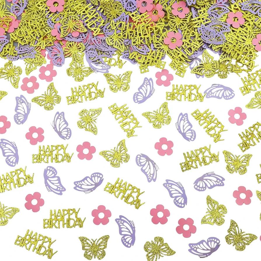 Pack of 2, Raissily 300 PCS Gold Happy Birthday Confetti, Birthday Party Decorations Butterfly Flower for Table Scatter DIY Arts Crafting Baby Adult Party Decor Tablescape Supplies - Glitter Gold