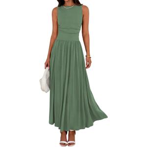 BTFBM Summer Maxi Dresses for Women 2026 Spring Sleeveless Casual Ruched High Waisted Long Sundress Flowy Beach Dress (Green, M)