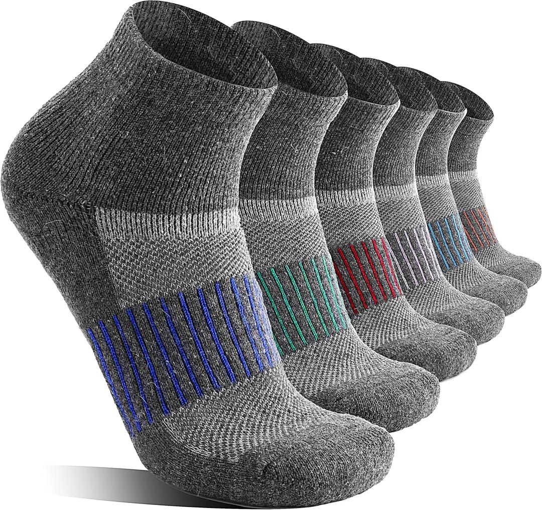 6 Pairs Merino Wool Ankle Running Hiking Socks Compression Support Breathable Thick Cushion No Show Socks for Women Men, L
