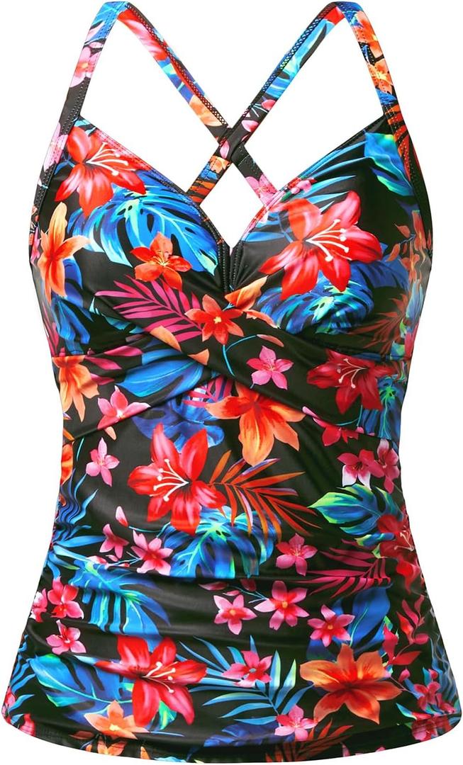 Women Tankini Bathing Suit Top - Twist Front V Neck Swim Top Only Ruched Tummy Control No Bottom 2025 (Medium, Red Flower)
