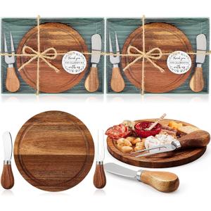 Maxcheck 2 Sets Baby Shower Bridal Game Prizes for Winners Round Cheese Board Set Wood Mini Charcuterie Board with Knives and Forks Thank You Card with Gift Box for Guests Wedding (Acacia)