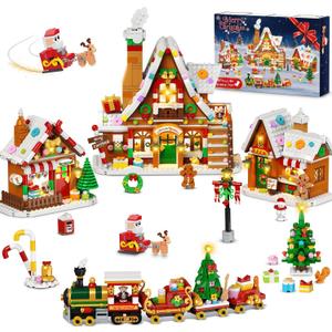 Christmas Gingerbread House Village Mini Building Set with Lights, 1955 PCS Holiday Village Building Block Toy with Xmas Tree Train Santa for Home Decor, Gift for Adults Kids Girls Boys 14+