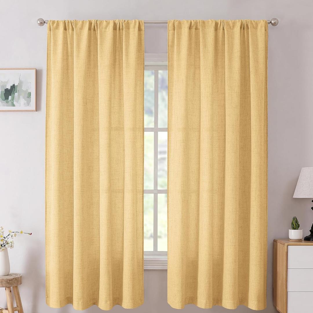 Tollpiz Short Linen Curtain Bedroom Rod Pocket Semi Sheer Curtains Burlap Light Filtering Thick Linen Drape for Living Room, 38 x 54 inches Long, Beige, Set of 2 Panels