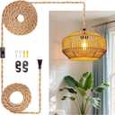 Hanging Light Ceiling Lamp Pendant Lights Rattan Hanging Lamp with Plug in Cord for Living Room Bedroom Kitchen Indoor Hanging Lamp Plug in Woven Lampshade