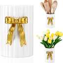 LemonRoad Ceramic Utensil Holder Kitchen Handmade Gold Bow 3D Cooking Utensil Crock with Scalloped Edge Design Vintage Retro Storage Caddy Organizer Vase Decor for Kitchen Accessories Countertop Gift