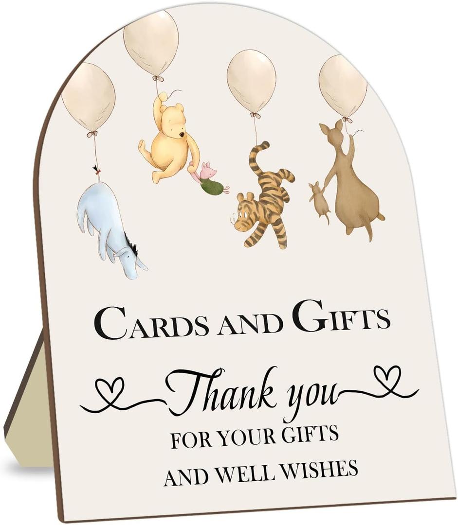 Winnie Cards and Gift Sign, Classic Pooh Thank You Wooden Sign, Classic Winnie Bridal Shower Baby Shower Favors, Thank You for Your Gift and Well Wishes Sign with Stand 9 * 11IN
