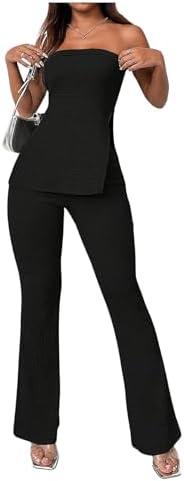 GORGLITTER Women's Flared Pants Set 2 Piece Summer Outfits Strapless Backless Tube Tops and High Waisted Bell Bottoms Medium