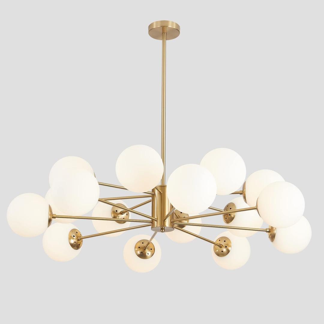 KCO Lighting Brushed Brass Chandelier Mid Century Modern Sputnik Chandelier Light Fixture Globe Flush Mount Ceiling Light Milk Glass Chandelier Gold Kitchen Island Lighting Fixture, 16-light