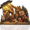 Bshine Nativity Scene Christmas Decoration with LED Lights, Wooden Stable Decor 13.6x11.4 Christmas Indoor Nativity Sets & Figures Holy Family Angel Holiday Home Tabletop Display