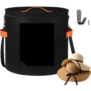 Oversized Hat Storage Box for Women & Men19" D x 17" H Cowboy Hat Boxes with 1 Wood Hook Felt travel Round Hat Organizer Box with Dustproof Lid (Black)