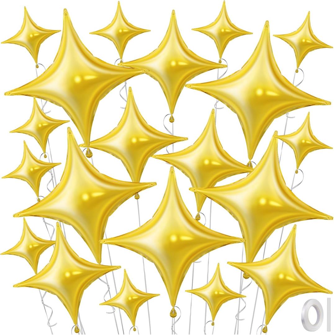 Gold Star Foil Balloons, 20 PCS Four Angle Star Balloons, Large Stars Shaped Helium Mylar Balloon for Birthday, Baby Shower, Wedding, New Years, Party Decorations Supplies