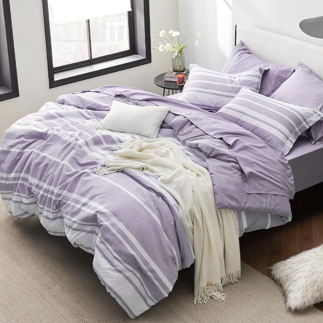 Bedsure Full Comforter Set 7 Pieces, Purple Striped Bedding Set for All Seasons, Reversible, Cationic Dyeing Bed in a Bag with Comforter, Sheets, Pillowcases & Shams