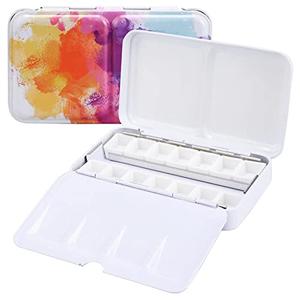 LOONENG Empty Watercolor Palette, Empty Watercolor Tin with Fold Out Palette, Small Colorful Watercolor Tray Palette with 14 Empty Half Pans for Plein Air Painting and Sketching