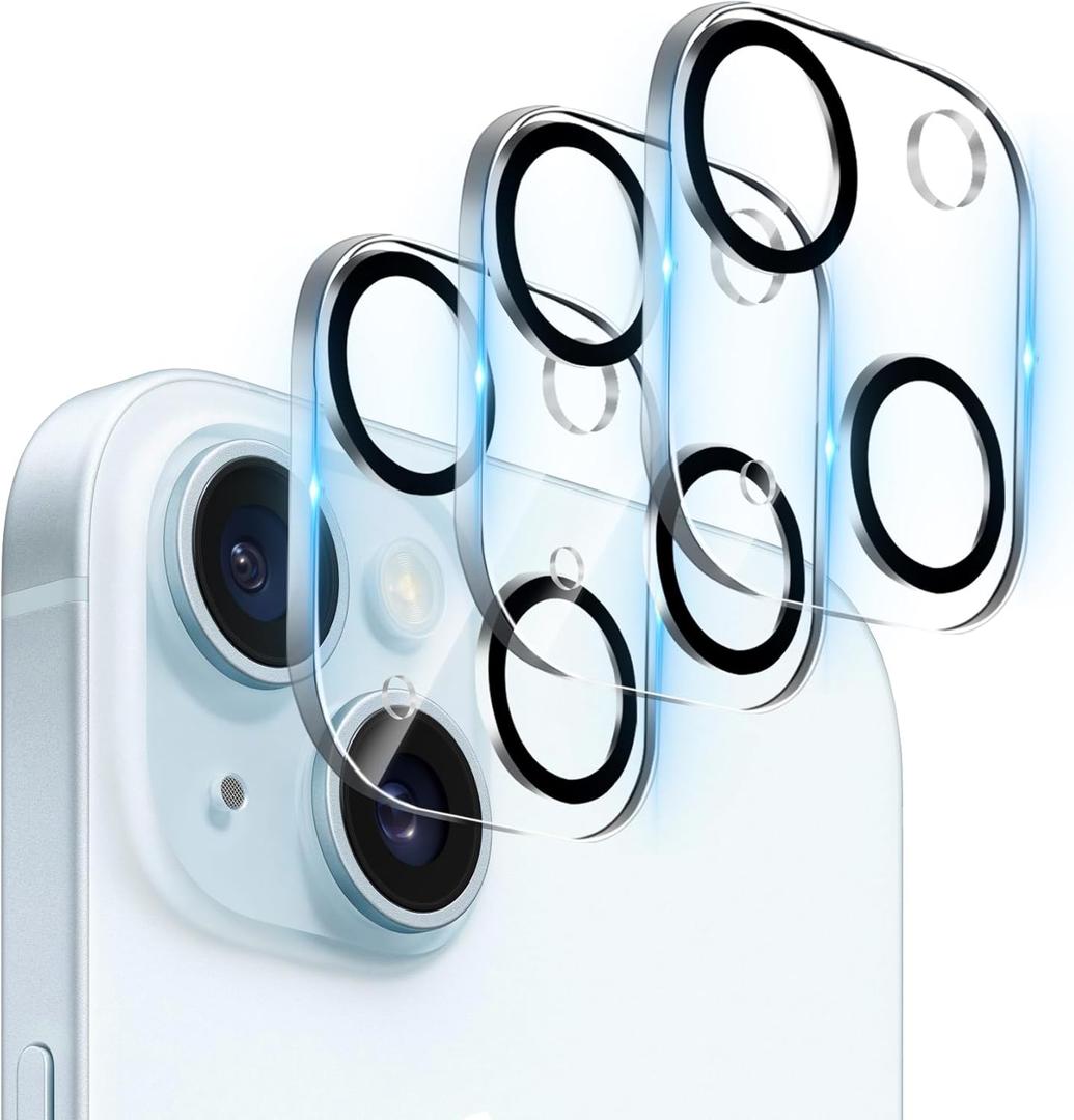 3 Pack Tempered Glass Camera Lens Protector for iPhone 15 6.1" & for iPhone 15 Plus 6.7", Ultra HD, 9H Hardness, Anti-Scratch, Case Friendly, Easy to Install [No Affect on Night Shots]