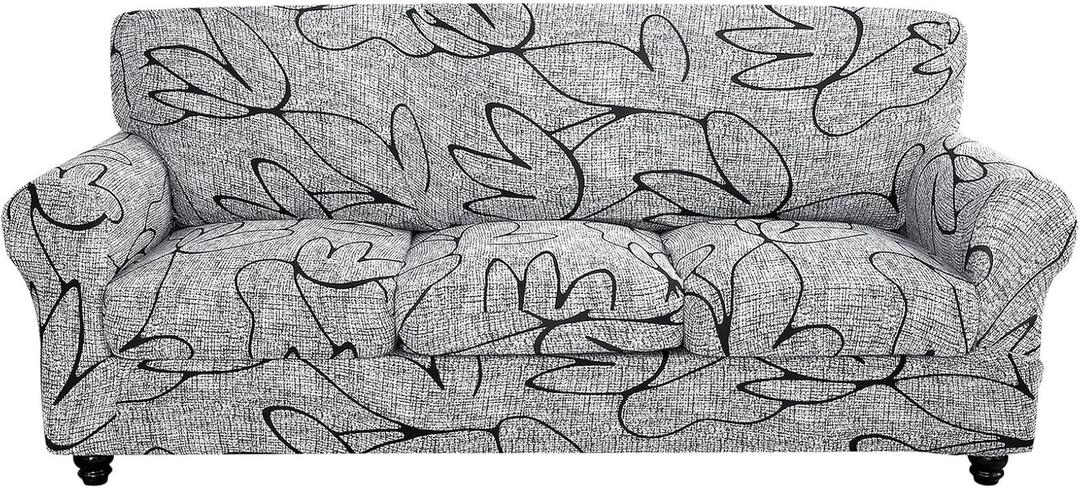 SearchI Stretch Sofa Cover Printed Couch Cover, Floral Pattern 4 Pieces Sofa Slipcover with 3 Separate Cushion Cover, Washable Furniture Protector for Living Room(Sofa, Grey Lotus+White) (Large)