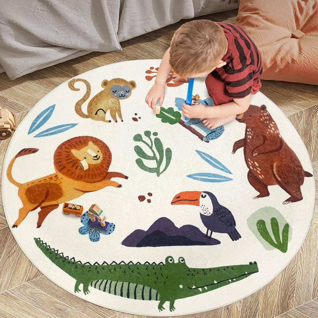 Kids Play Mat 4Ft Round Jungle Animal Carpet Circle Zoo Bedroom Rug for Boys Girls Nonslip Soft Bathroom Children Playroom Plush Floor Rug for Nursery Living Room Decor (4'X4')