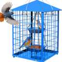 Mealworms Bird Feeders for Bluebirds - Metal - Huge Caged Squirrel-proof Bird Feeders with 2 Cups, DIY Wild Bird Feeders Outdoor Hanging (Blue), Attract Small Birds, 2lbs Seed Capacity+1 Mealworms Cup