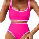 Herseas Women's Bikini Sets Shell Stitch Swimsuits High Rise Scoop Stretchy Bathing Suits Modest Hot Pink Vacation Outfits Small