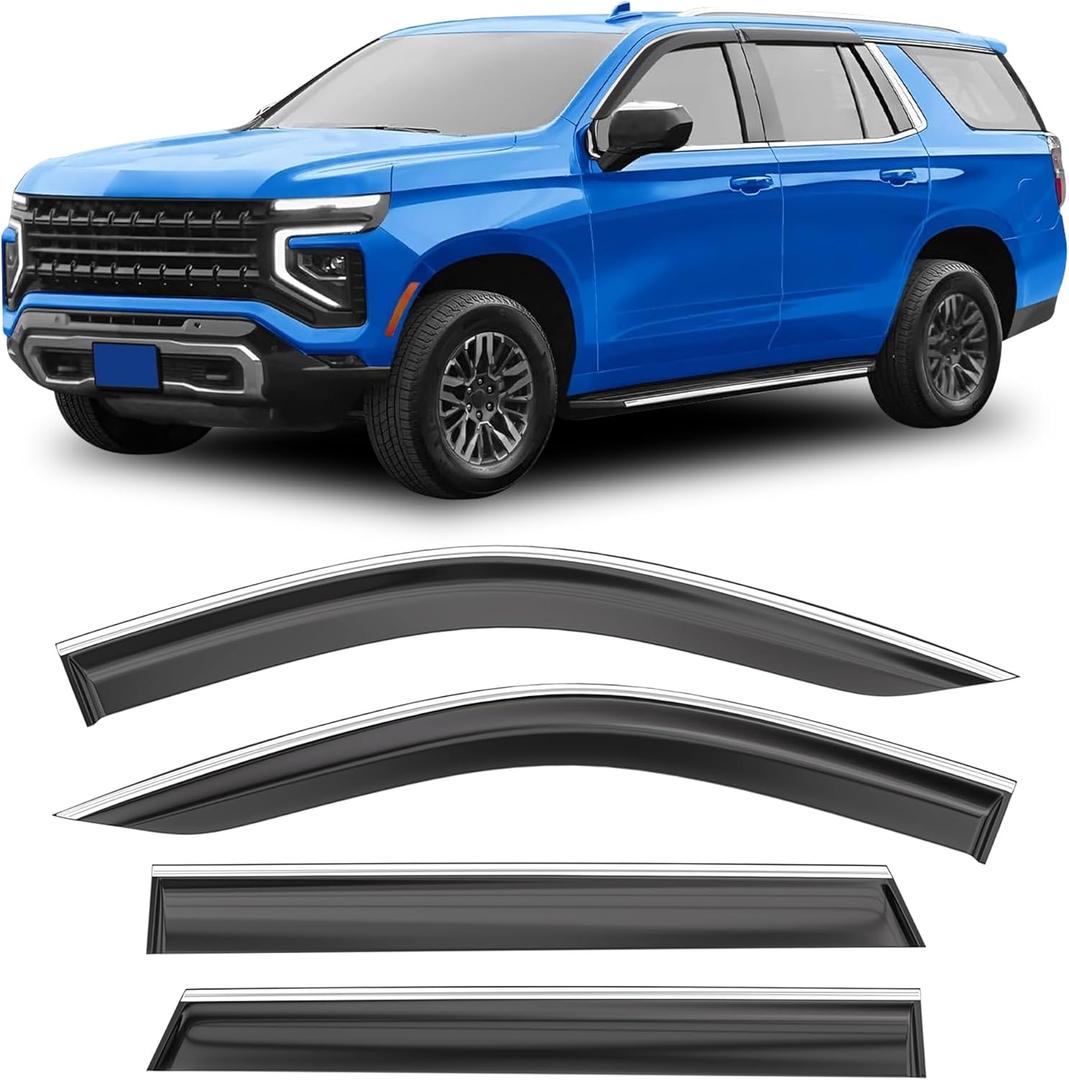 Shatterproof Taped-On Window Deflectors for Chevrolet (Chevy) Tahoe/GMC Yukon 2021-2025 with ChromeTrim, Rain Guards, Window Visors for Car, Vent Deflector, 4pcs (For 2021-2025 Tahoe/Yukon)