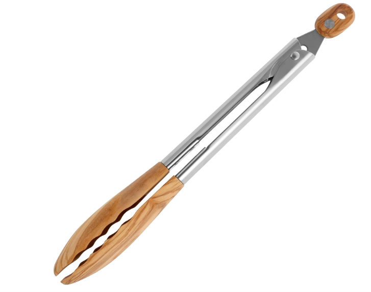 Kitchen Tongs, Olive Wood Cooking Tongs ith Wood Tips and Stainless Steel Handle Locking, Locking Cooking Tongs, Nonstick Salad Tongs for Serving Food, Grilling, Cooking, 11.2in