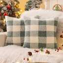 AQOTHES Light Green White Plaid Winter Throw Pillow Covers 18x18 Inch Set of 2, Boucle Faux Fur Pillow Covers,Cozy Fluffy Home Living Room Farmhouse Decor for Sofa Couch Bed