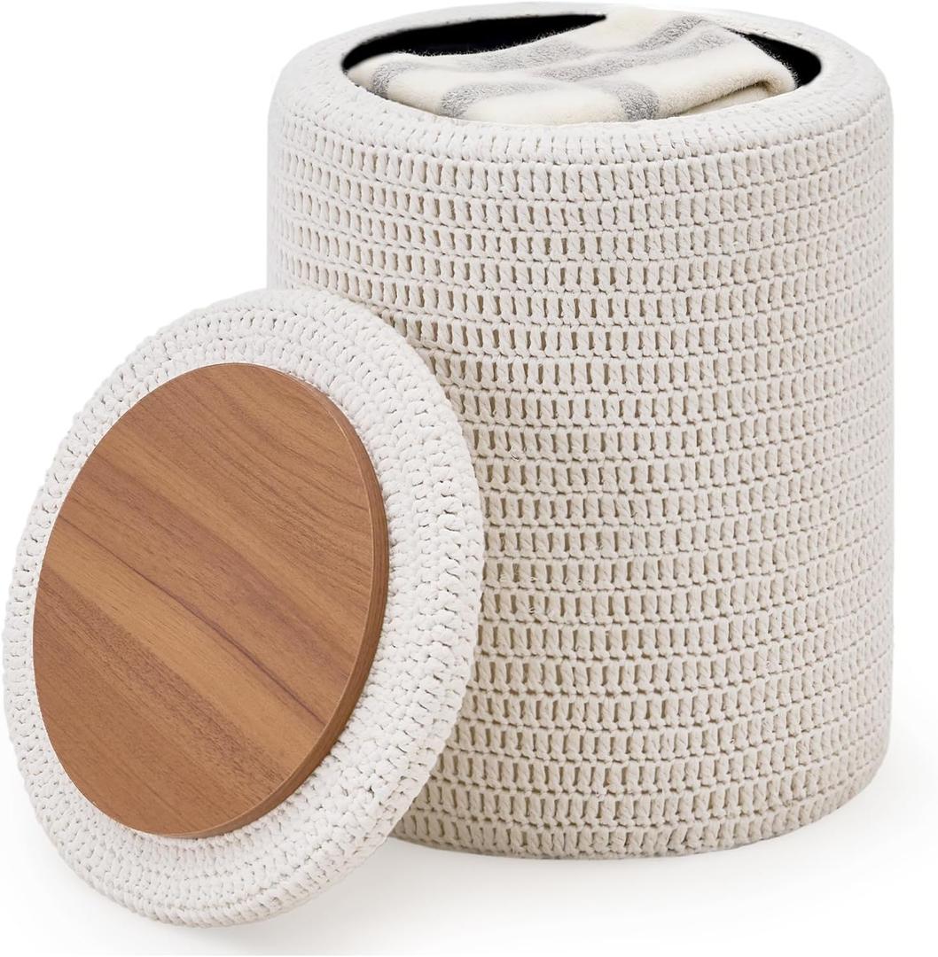 Wimarsbon Pouf Ottoman, 100% Cotton Knitted Boho Footstool, Round Footrest with Non-Skid Wood Legs, Home Dcor Handmade Pouffe, Leisure Floor Step Stool for Living Room (14inch White Storage Ottoman)