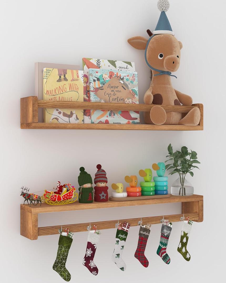 24 Inch Nursery Floating Shelves, Nursery Book Shelves for Wall, Wall Bookshelf for Kids Solid Wood Wall Mounted Shelves for Books,Toys and Decor Storage, Set of 2 (Dark Brown)