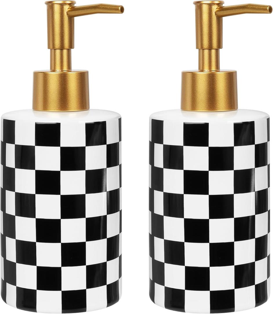 2 Pack Ceramic Soap Dispenser, 10oz Modern Checkerboard Hand Soap Dispenser Set for Bathroom Countertop, Kitchen Sink, Refillable Pump Bottle with Rust-Proof Gold Head (Black & White)