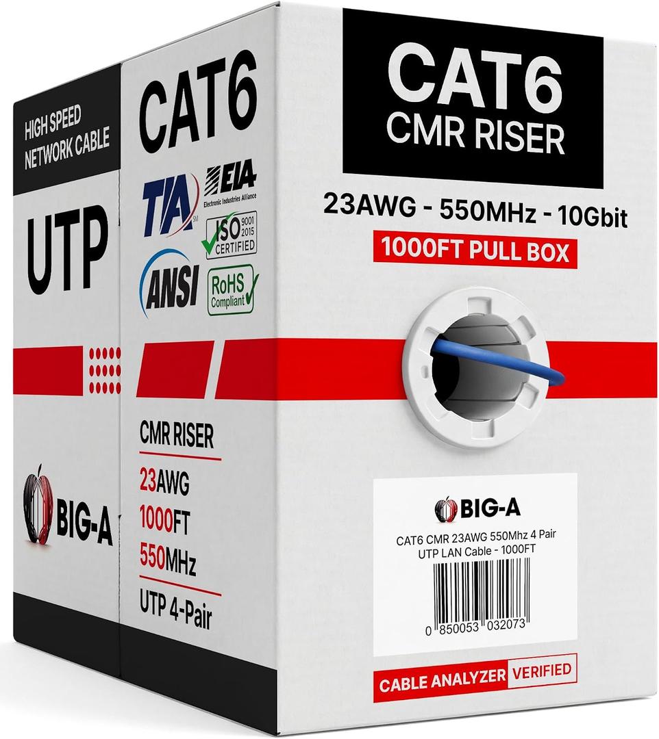 Big-A - Bulk Cat6 Cable 1000ft 23AWG Solid 4 Pair, Cat 6 Ethernet Cable Unshielded Twisted Pair (UTP), (CMR) 550MHz Internet Cable, Pull Box - Blue