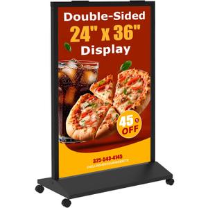 Sidewalk Sign Heavy Duty - 24x36 Inch Double-Sided Poster Stand with 360 Rotating Wheels, Rolling Metal Sandwich Board Floor Standing Sign Holder for Event Businesses Outdoor, Frame Only