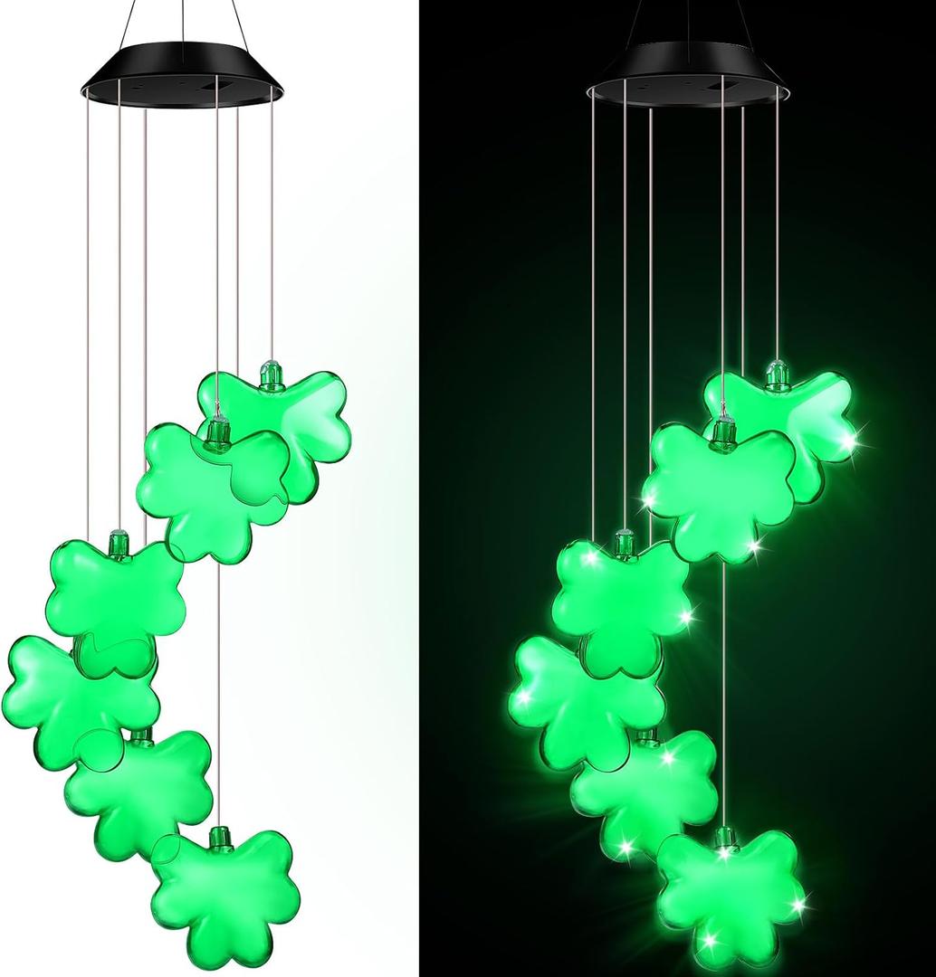 1 Pcs St. Patrick's Day Solar Shamrock Wind Chimes Green Color Lights Outdoor Mobile Wind Chime Light Shamrock LED Lights Irish Gifts for Garden Patio Yard Porch Decoration