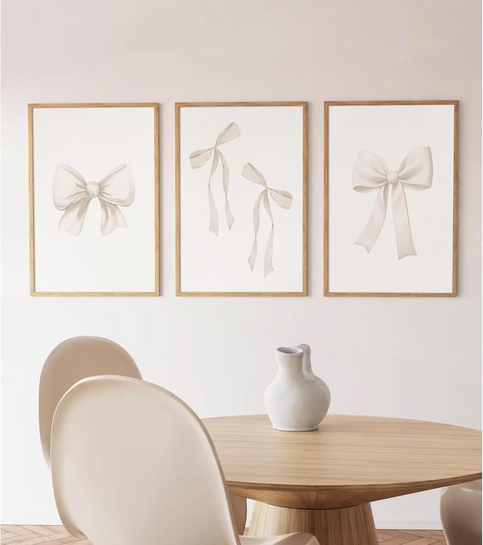 Preppy Bow Wall Art Decor Set of 3 Beige Coquette Wall Art Aesthetic Canvas Posters Trendy Girly Wall Decor Beige Bow Prints Preppy Pictures for Living Room College Apartment 12x16 Inch Unframed