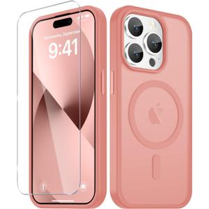 for iPhone 15 Pro Case, Matte Magnetic Phone Cover [with 1 Screen Protector] [Support for MagSafe] [Shockproof Military Grade Protection] Translucent Frosted Back, Pink