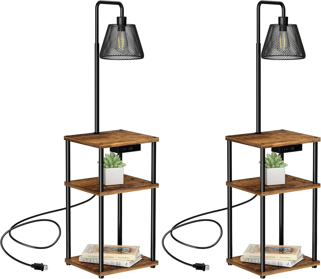 Floor Lamp with Table, Side Table with USB Charging Port and Outlet, Modern Bedside Nightstand End Table with Floor Light for Living Room, Bedroom, Guest Room, Bulb Included, 2 Pack