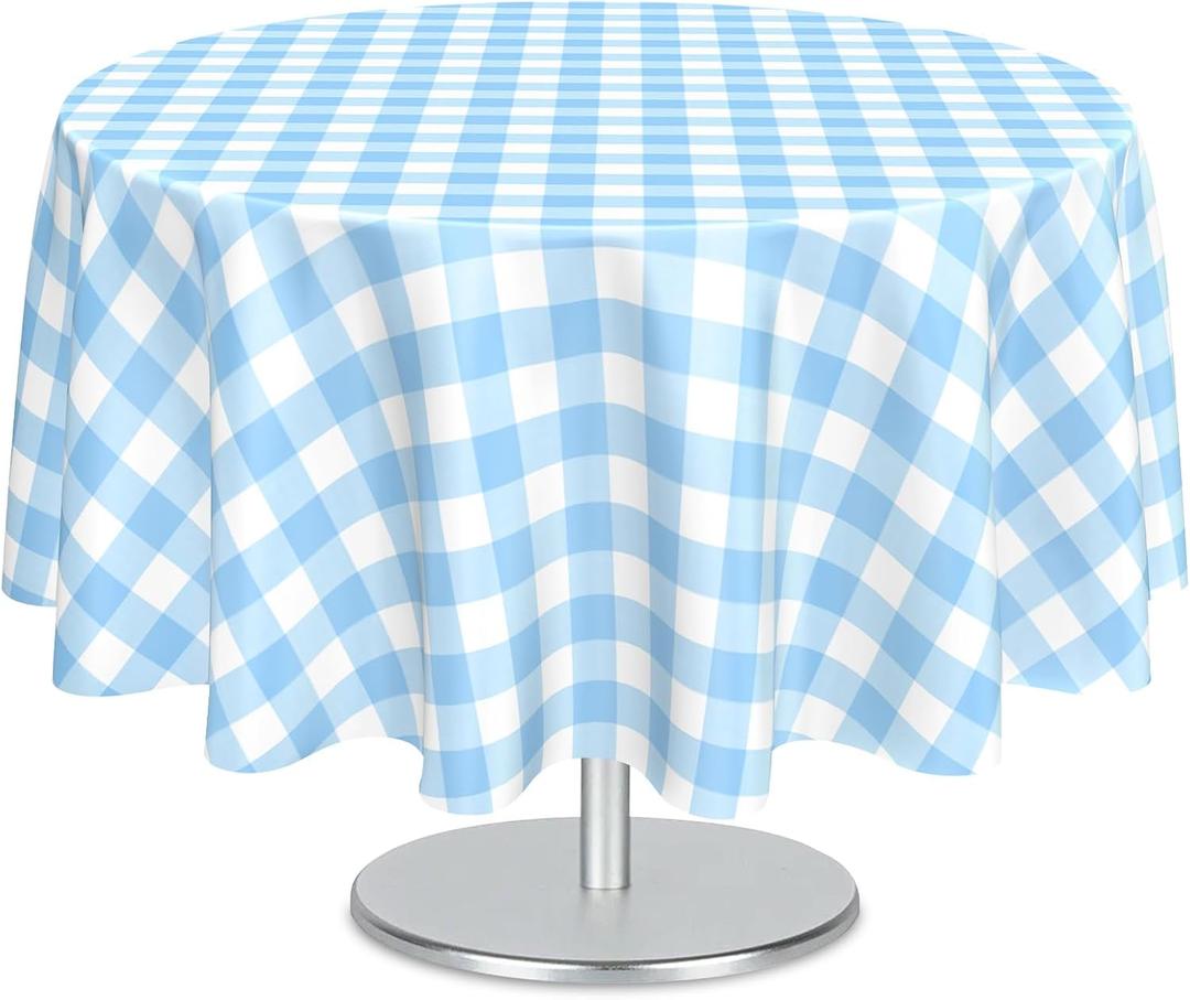 Mulbozy 2 Pcs Light Blue Gingham Round Tablecloth, 84 inches Disposable Plastic Light Blue and White Checkered Circle Table Covers for Baby Shower Wedding Bridal Shower Birthday Party Decorations
