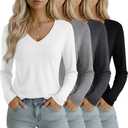 Oakgarden 4 Pack Women's Long Sleeve T-Shirts V Neck Basic Tees Curved Hem Casual Tops Loose Fit Fall Outfits(White, Light Gray, Dark Gray, Black,Medium)