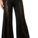Verdusa Women's Lace Pants Flared Elegant Floral High Waisted Bell Bottoms Trousers, Small, Black