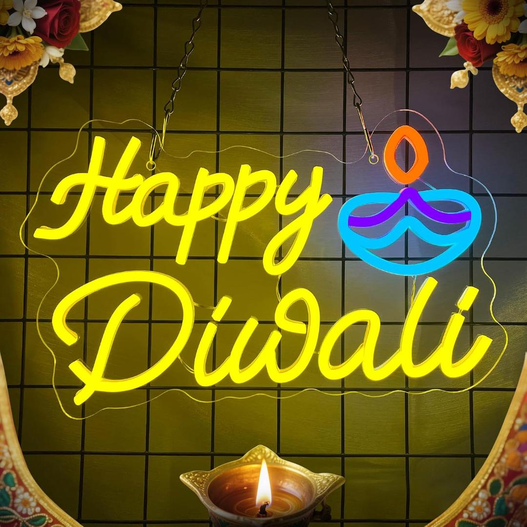 Happy Diwali Neon Sign, Diwali Decorations for Home, Indian Festival Decor Light up Sign, Dimmable LED Neon Lights for Wall Room Bedroom Decor (Diwali) (Yellow)