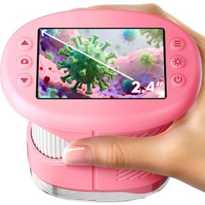 1000X Handheld Microscope for Kids, 4K 2.4" Screen Digital Kids Microscopes with 12 Slides, Portable Edu Toys Gifts for Age 3 4 5 6 7 8 9 10 11 12 Year Old Boys Girls Children Students(Baby Pink)