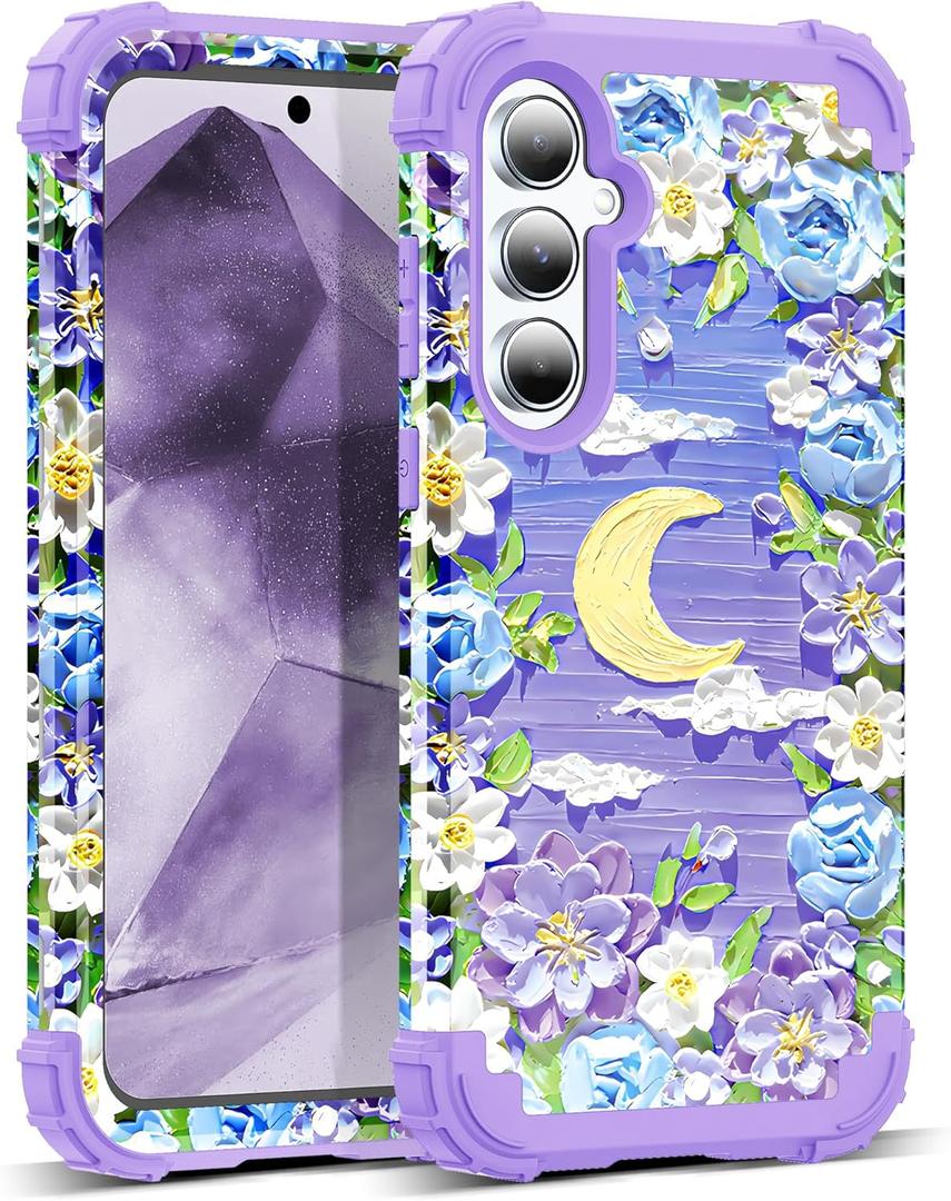 for Galaxy A35/A55 5G Case,3 in 1 Oil Painting Flower Pattern Heavy Duty Shockproof Protection Silicone Rubber Bumper+Hard Plastic Protective Cover for Samsung A35/A55 6.6",Purple/Yellow