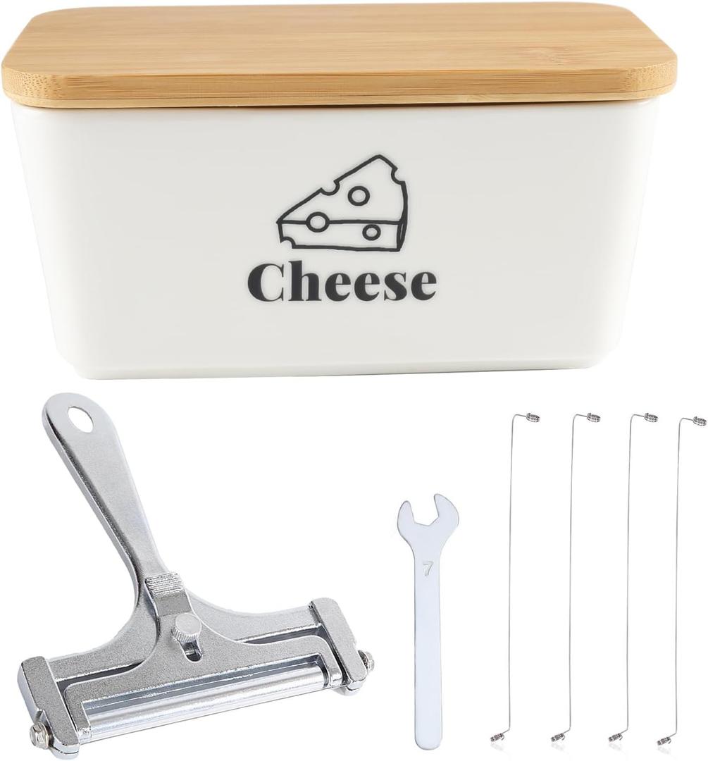 Cheese Container for Refrigerator,Shredded Cheese Container with Bamboo Lid,Ceramic Cream Block Sliced Cheeses Storage Box,Grated,Cheddar Cheeses Saver for Fridge,Kitchen Organizer