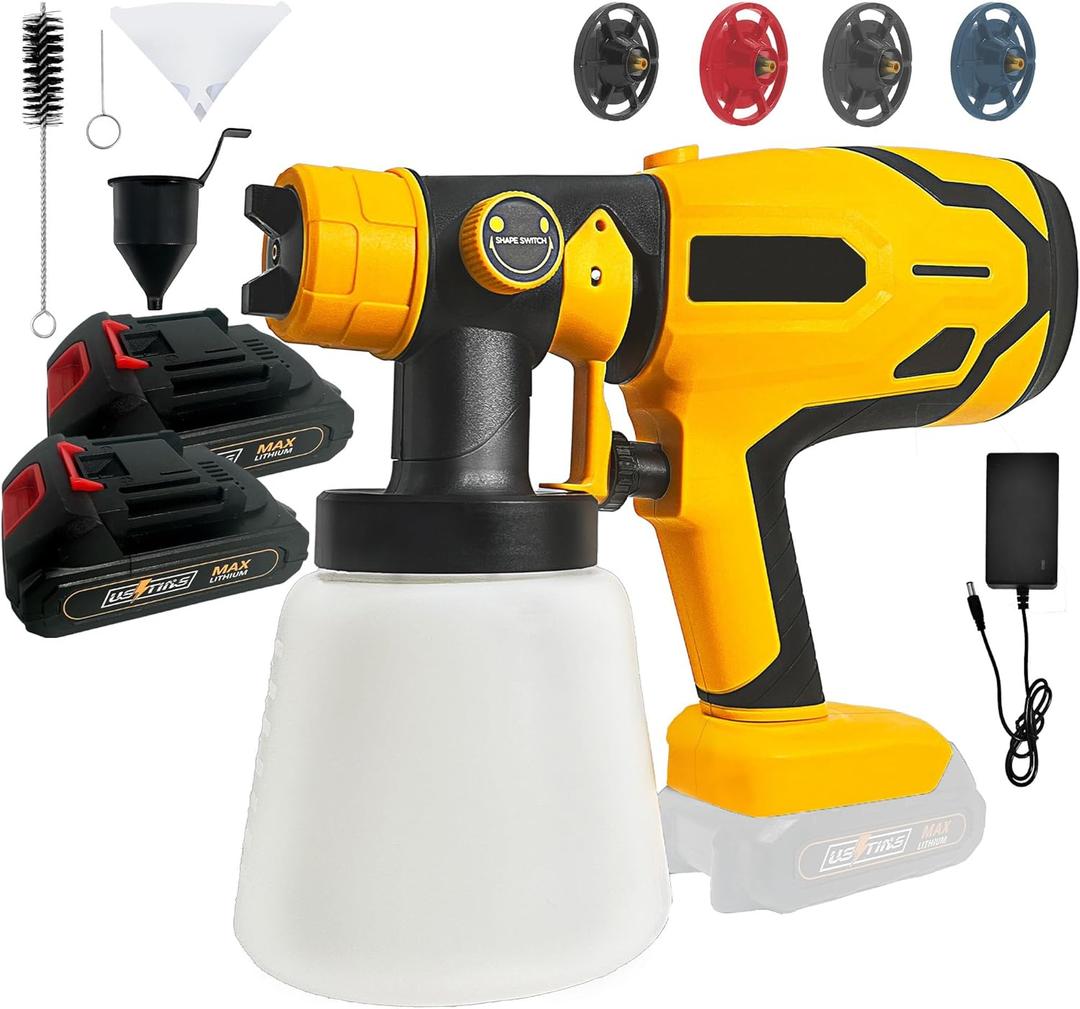Cordless Paint Sprayer with 2 Battery,Paint Sprayer Gun with 2 x 2.0Ah Battery & 1000ml High Capacity 4 Nozzles, HVLP High Pressure Paint Gun,600W High Power Paint Sprayer for Home DIY (Yellow)