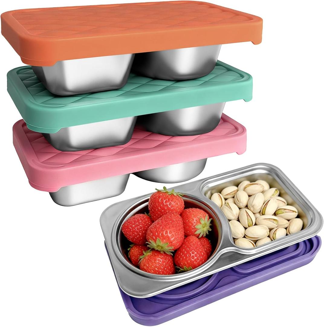 4 Pack Stainless Steel Snack Containers, 2 Compartment Snack Container with Silicone Lids, Easy Open Leak Proof Reusable Metal Toddler Snack Containers for Daycare (Orange, pink, purple, blue)