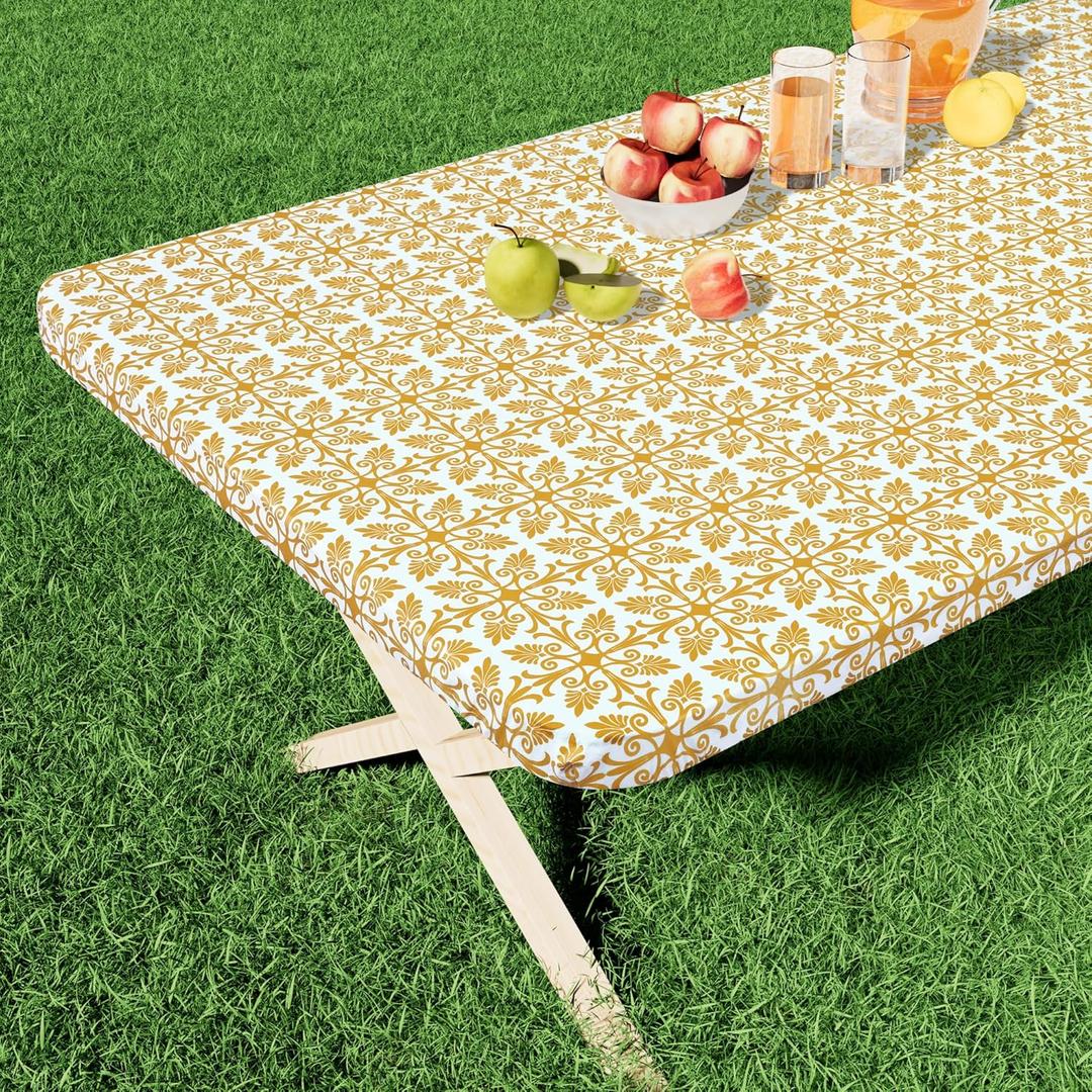 misaya Rectangle Vinyl Table Cloth, Elastic Fitted Flannel Backed Tablecloth, 100% Waterproof Plastic Table Cover Fits Folding Tables for Picnic, Camping, Outdoor (Gold, 36" x 60")