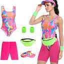80s Women’s Workout Costume,Adult 80s Outfit, Swimwear Suit for Halloween Cosplay, Couples Costume Set S
