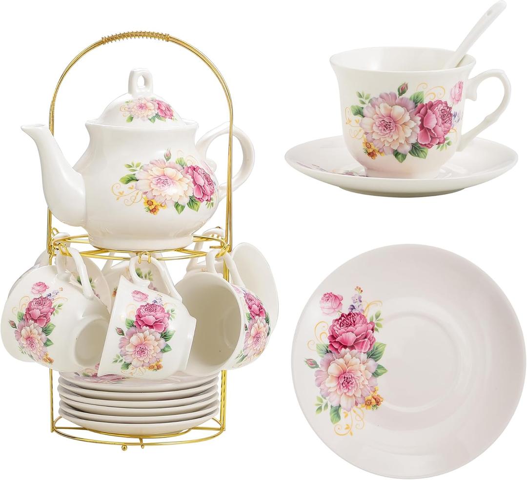 20-Pieces Porcelain Tea Sets For Women, Tea Set For Adult with Golden Metal Rack,Tea Gift Sets for Home&Party(0011)