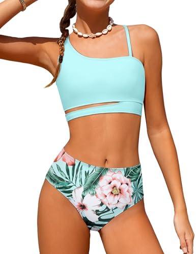 Queenstyle Girls Swimsuits Bikini Set Kids Cutout Bathing Suit Bikini Top Two Piece Girls' Swimwear, 13-14Y
