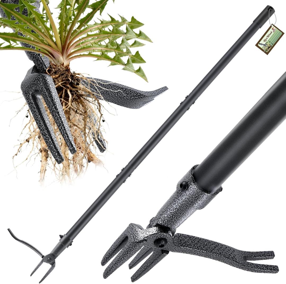 Stand Up Weed Puller Tool, 46" Adjustable All-Metal Long Handle Weeder with 4-Claw Steel Head, Remove Weeds by Roots Without Bending or Kneeling, Heavy Duty Garden Tool Back & Knee Friendly (Black)